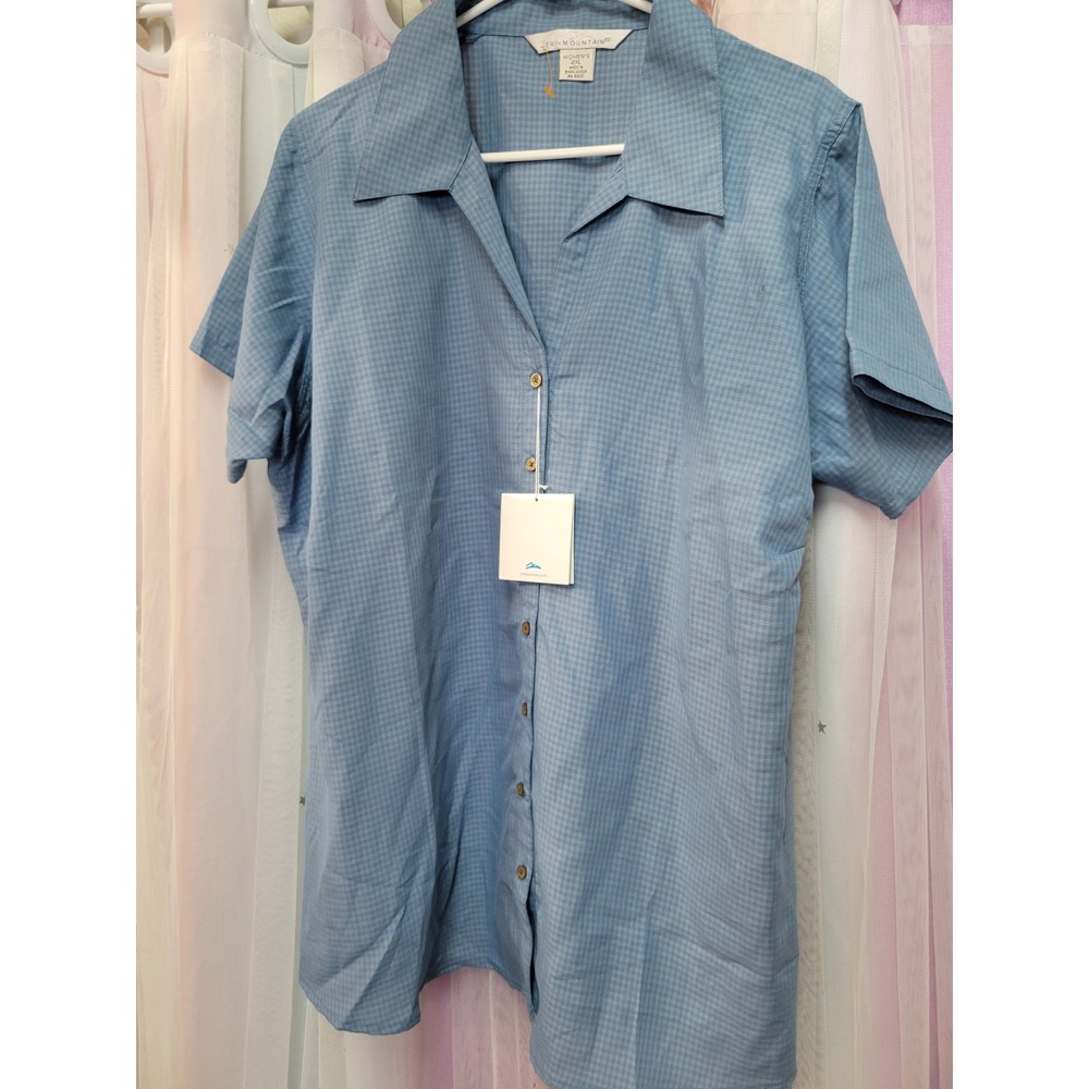 Tri-Mountain Womens 2XL Blue Textured‎ Check Short Sleeve Button Down  NEW 1008